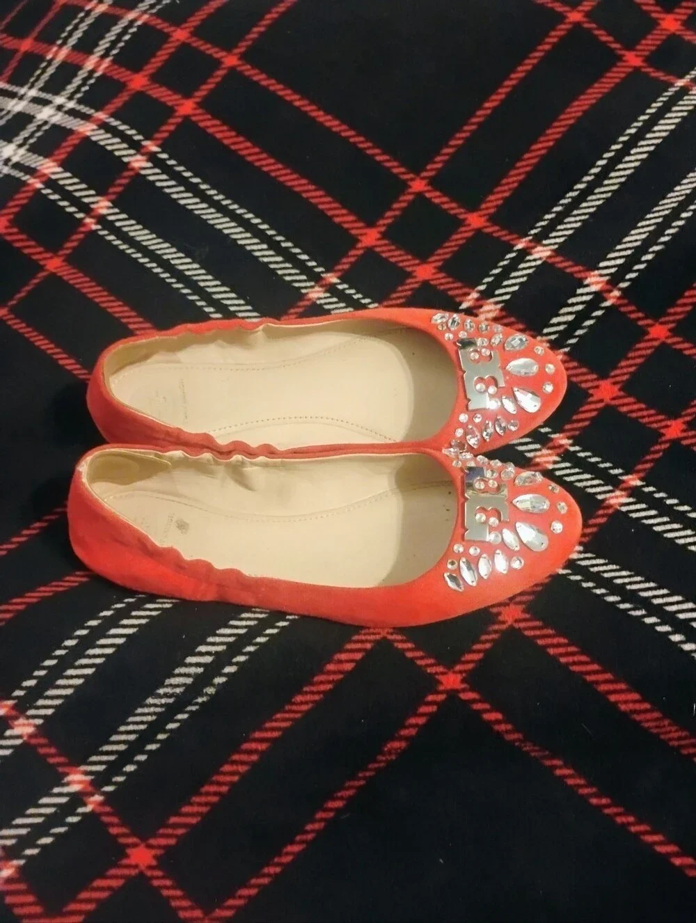 Women's Red Suede Tory Burch Ballet Flats With Sparkling Rhinestones Size 9